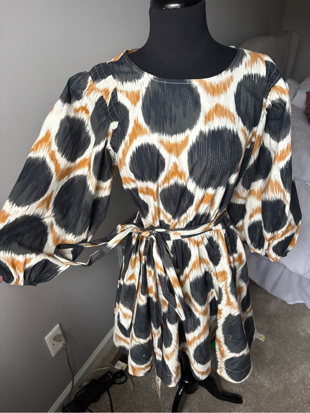 Maeve Anthropologie Abstract Print Belted Mini Dress Puff Sleeve Size S